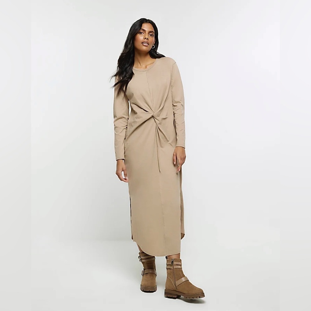 River Island Beige Knot Long Sleeve T-Shirt Midi Dress 2